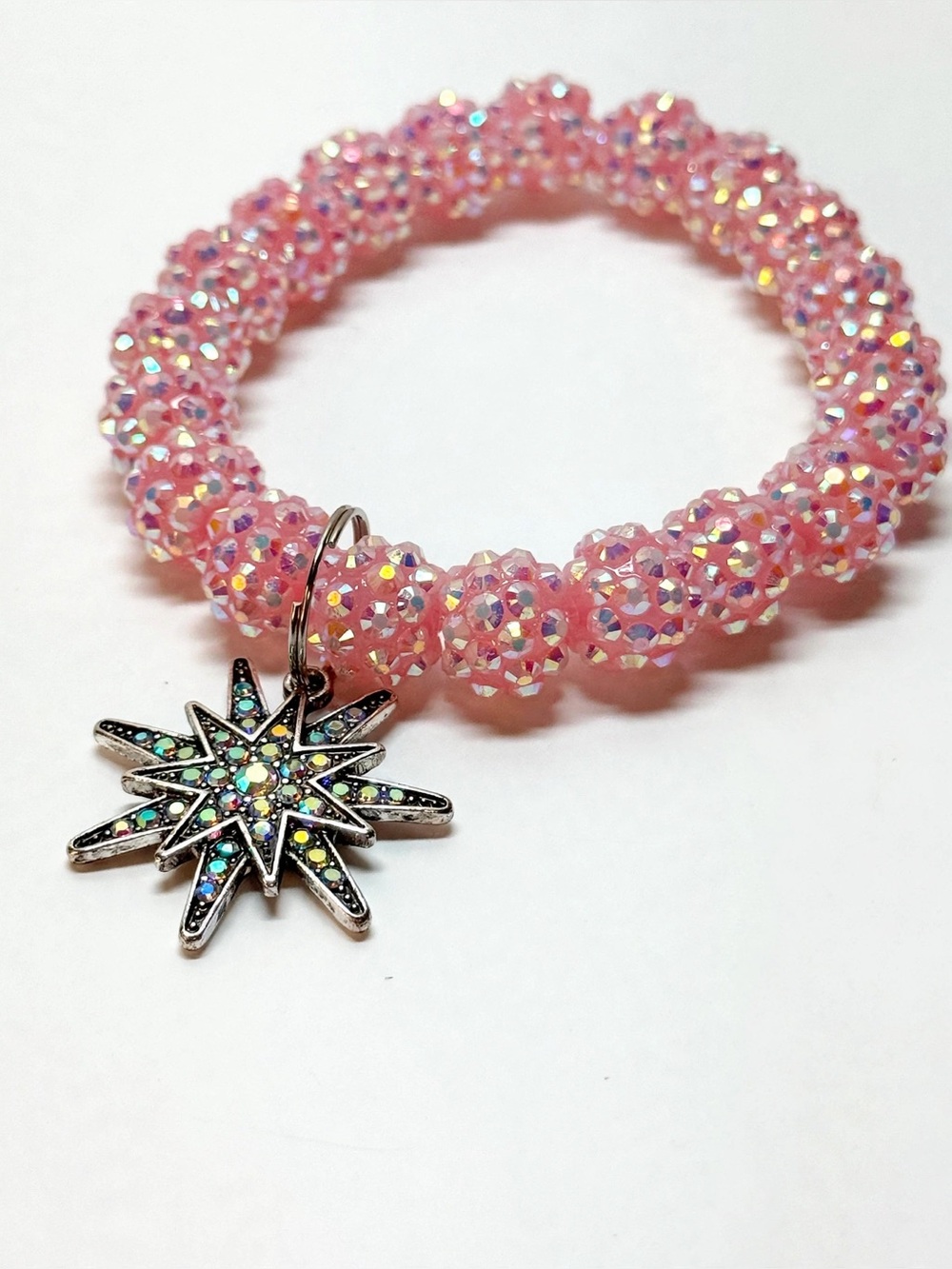 Ladies Chunky pink stretch bracelet with sparkly AB 1” removable star charm